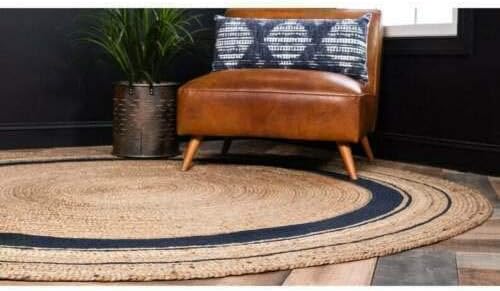 2ft Beige Black Line Braided Jute Round Rug