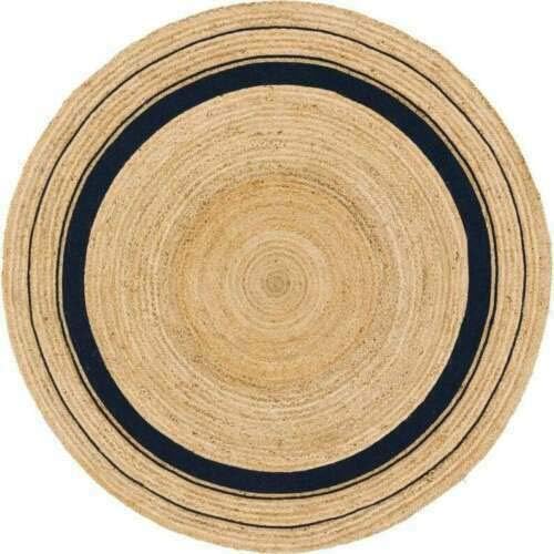 2ft Beige Black Line Braided Jute Round Rug
