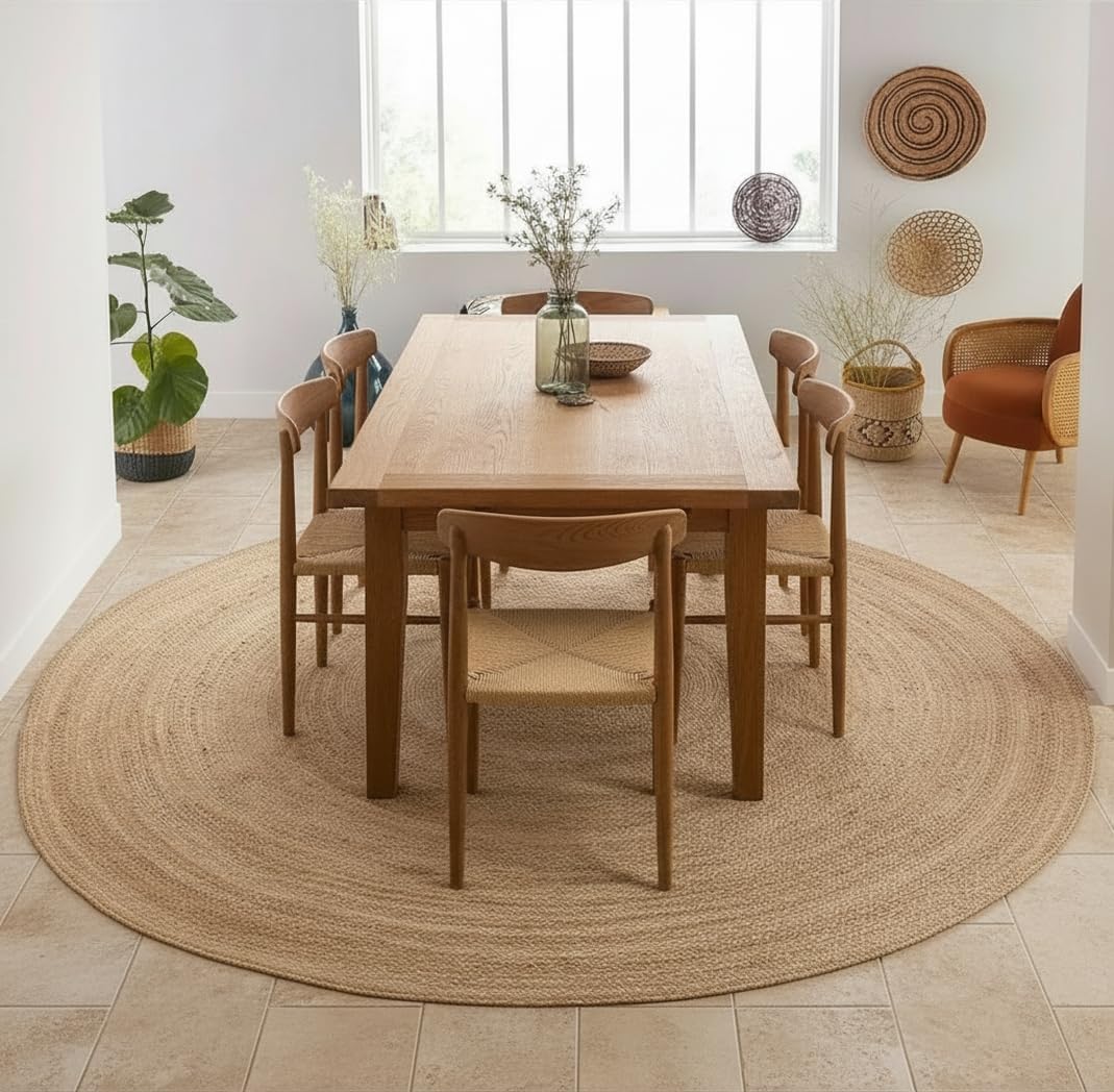 8ft Reversible Beige Braided Jute Round Rug