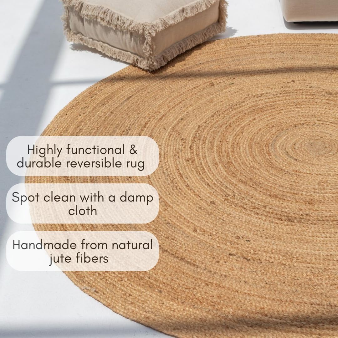 8ft Reversible Beige Braided Jute Round Rug