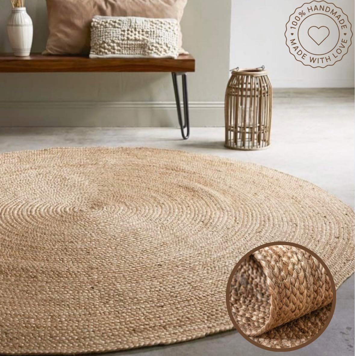 8ft Reversible Beige Braided Jute Round Rug