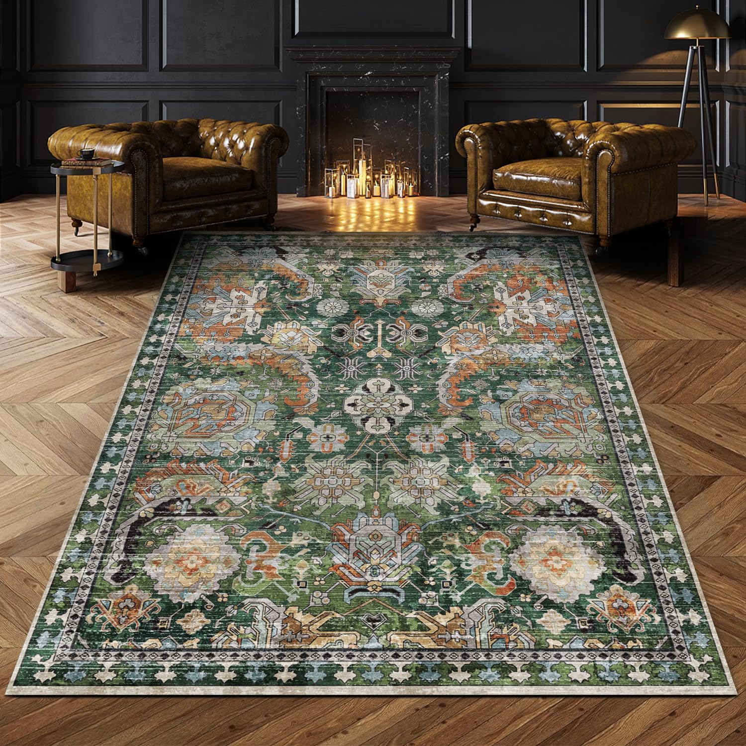 Green Vintage Tribal Washable Rug