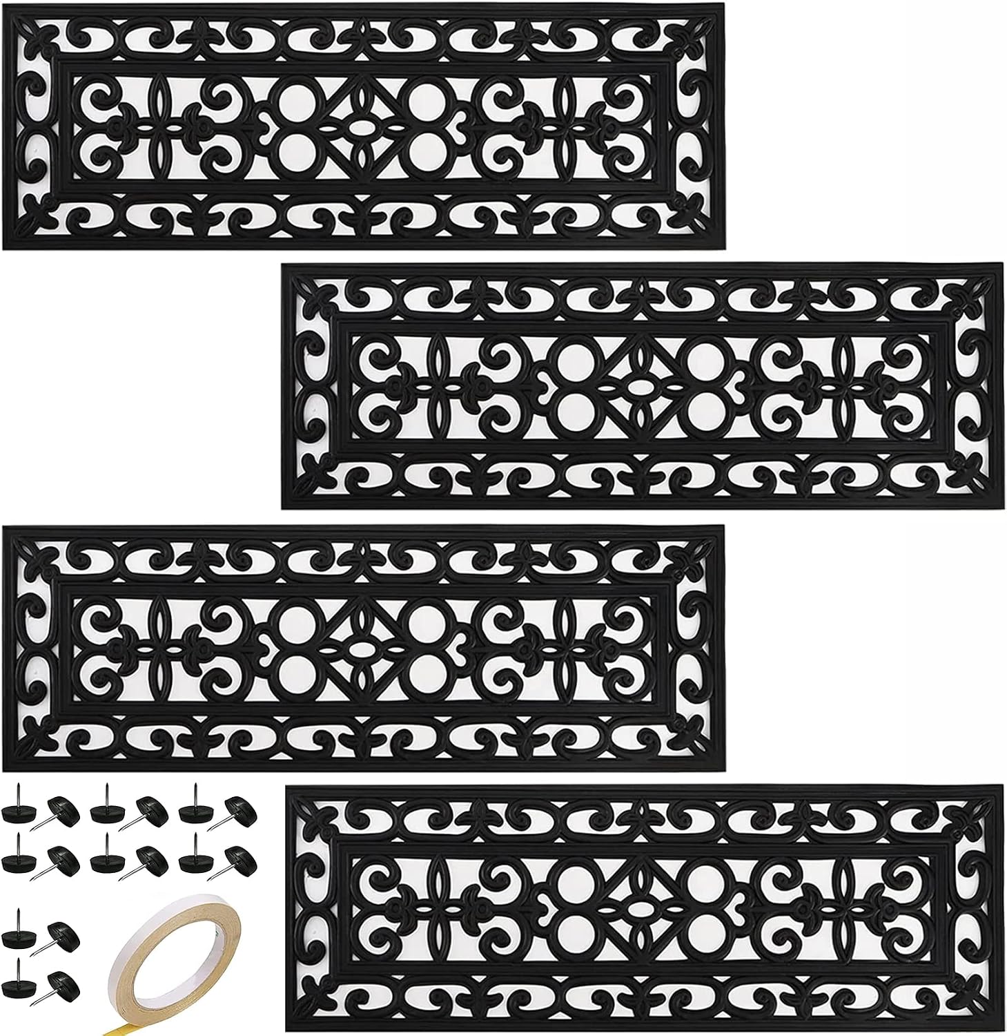 4pc Scroll Black Rubber Stair Treads