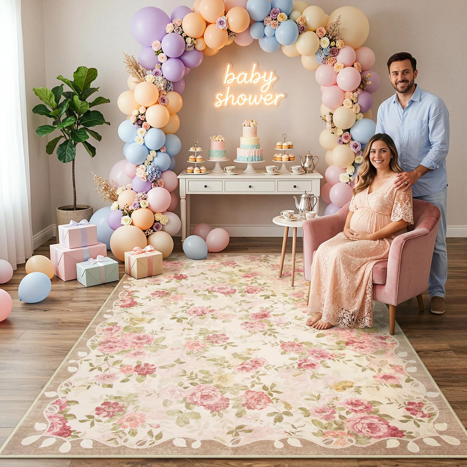 Lahome Floral Beige Area Rug