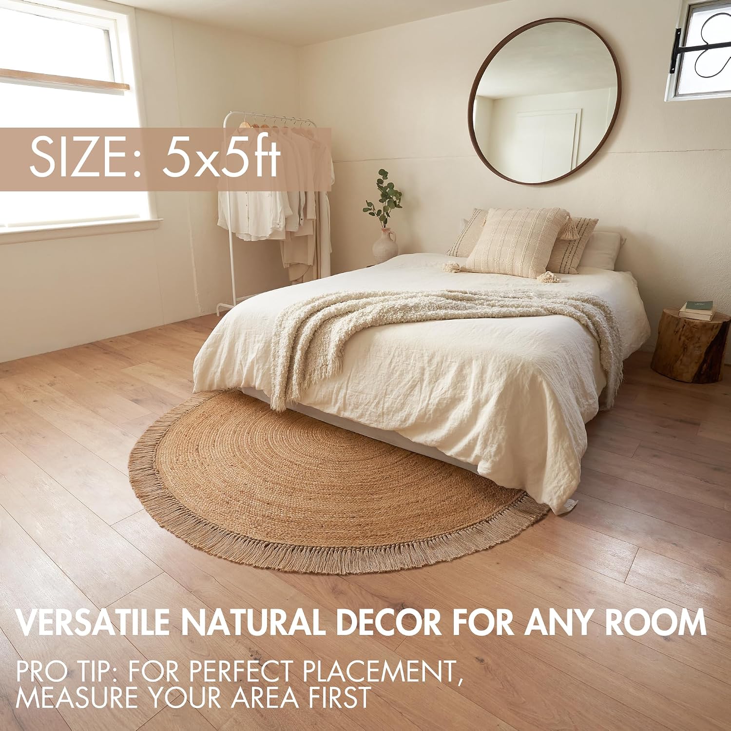 5ft Hand Woven Braided Jute Round Rug