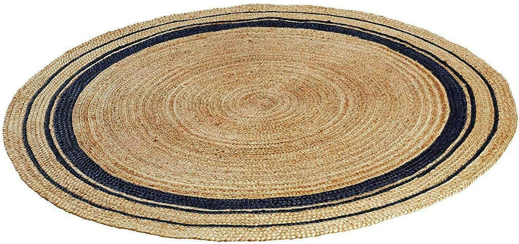 2ft Beige Black Line Braided Jute Round Rug