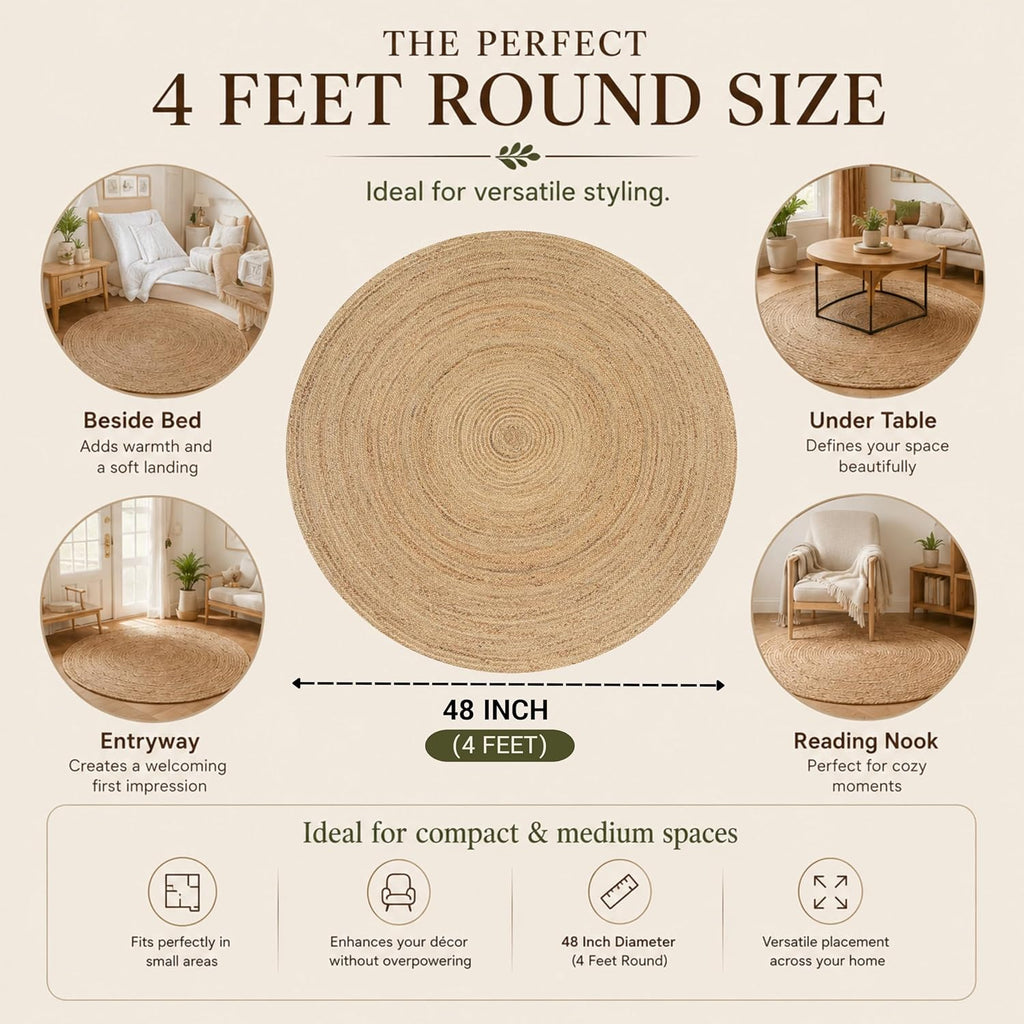 4ft Natural Braided Jute Round Rug