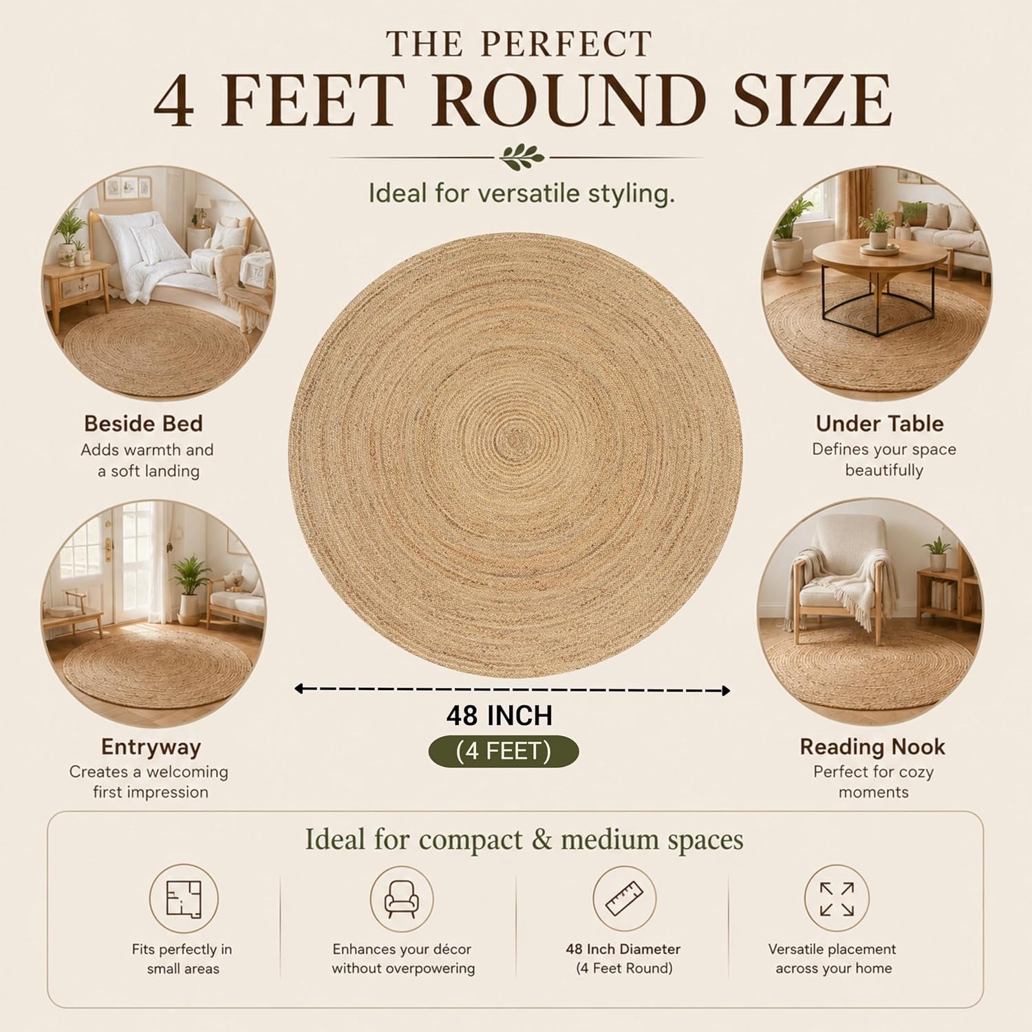 4ft Natural Braided Jute Round Rug