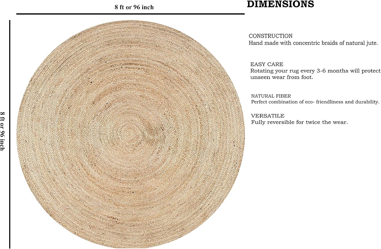 8ft Reversible Beige Braided Jute Round Rug