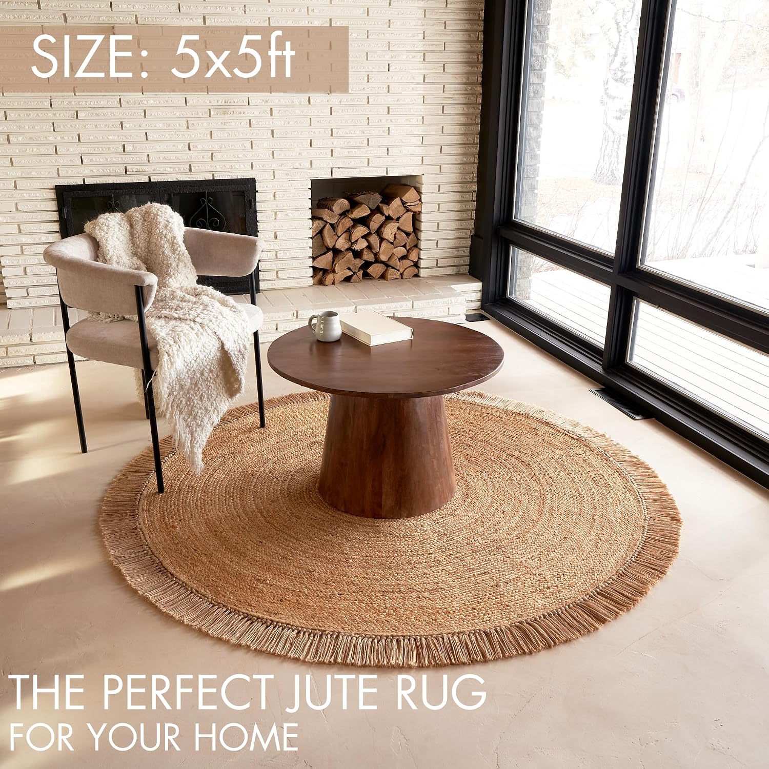 5ft Hand Woven Braided Jute Round Rug