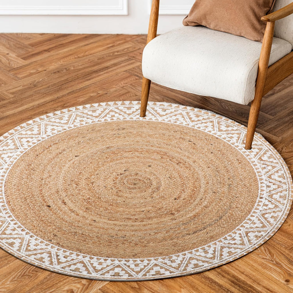 4ft White Border Braided Jute Round Rug