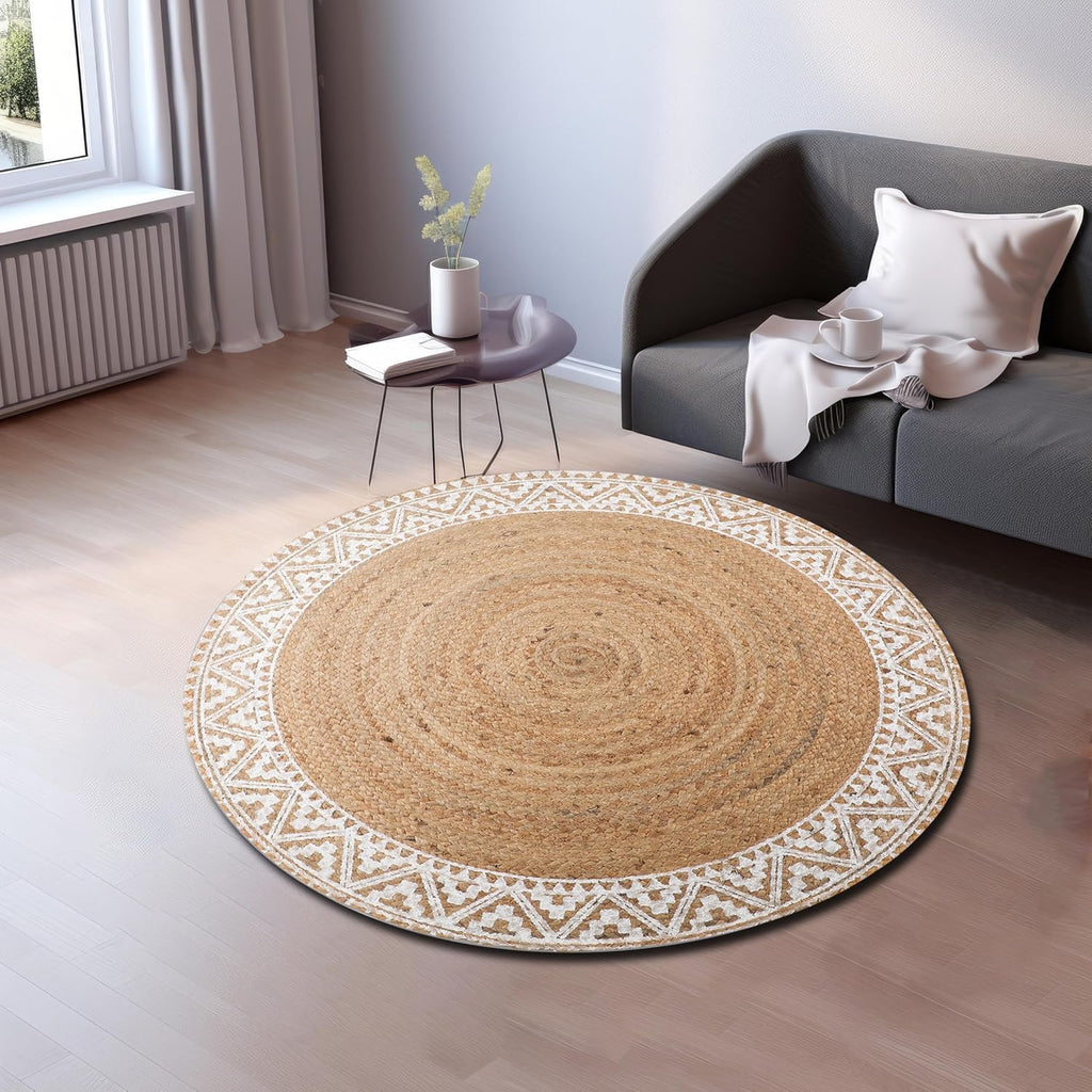 4ft White Border Braided Jute Round Rug