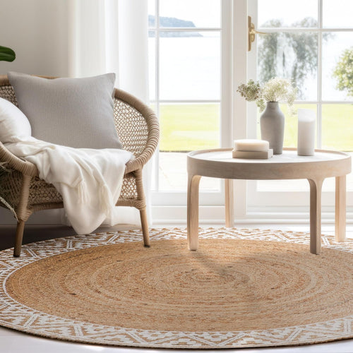 4ft White Border Braided Jute Round Rug