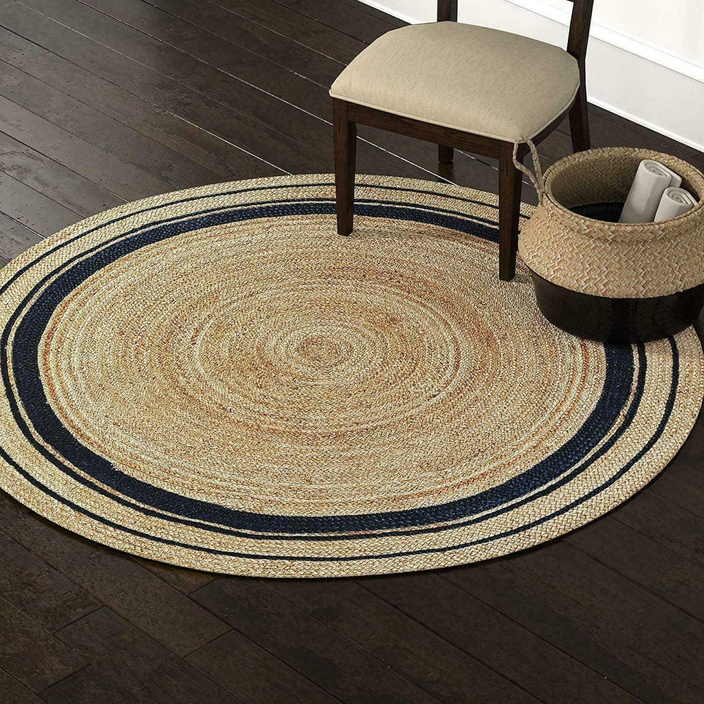 2ft Beige Black Line Braided Jute Round Rug