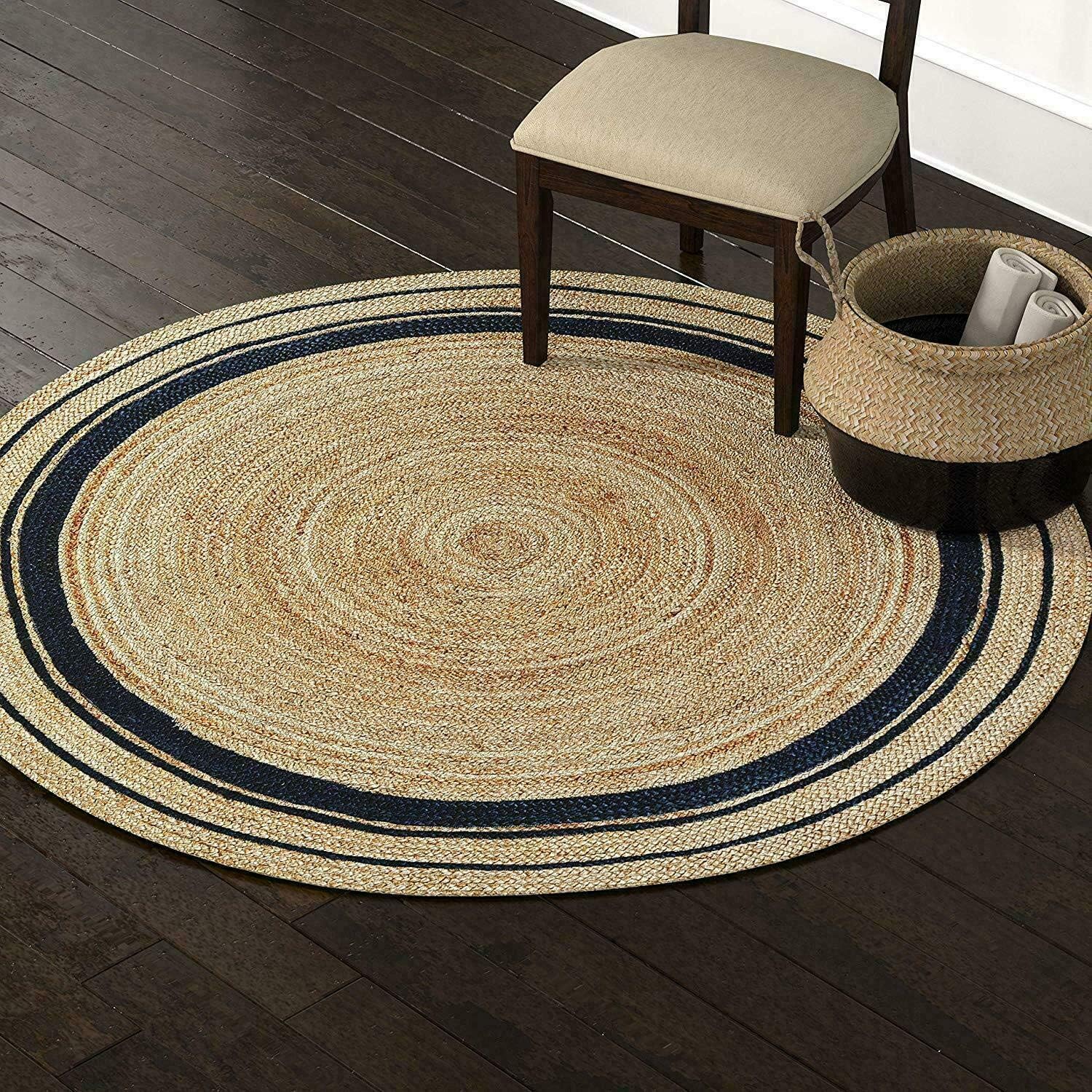 2ft Beige Black Line Braided Jute Round Rug