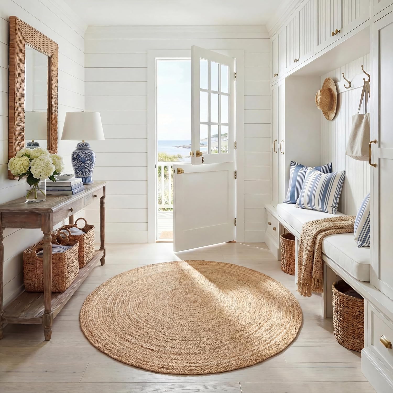 6ft Natural Braided Flat Weave Jute Rug