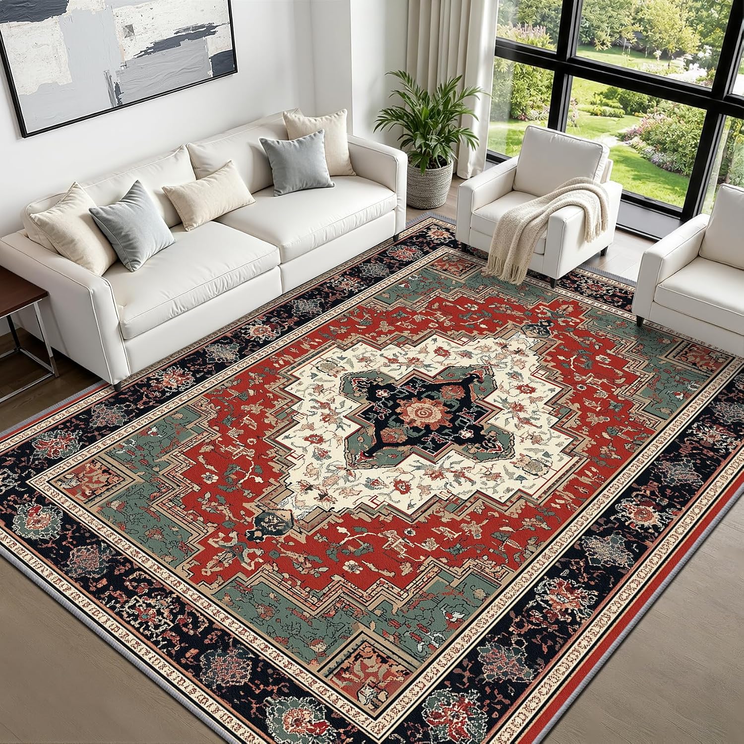 Red Green Vintage Persian Area Rug