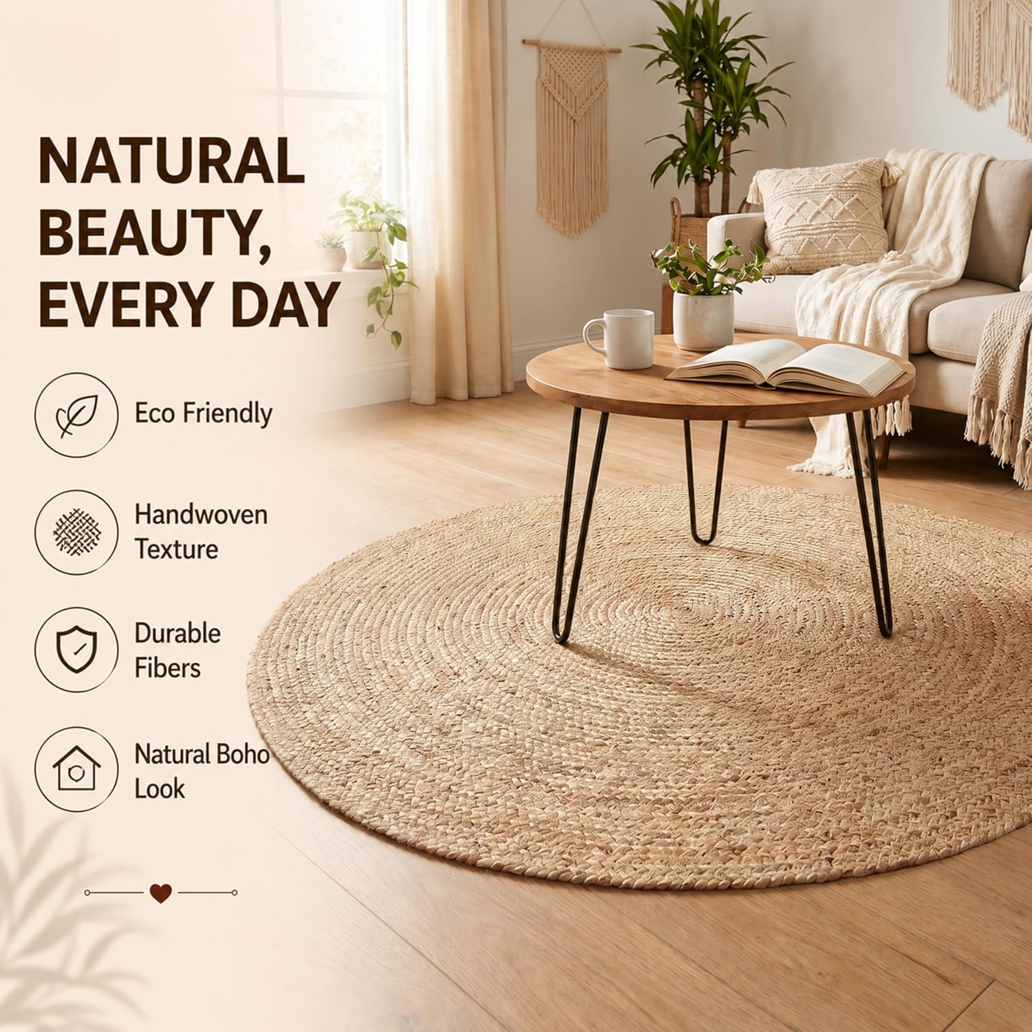 4ft Natural Braided Jute Round Rug